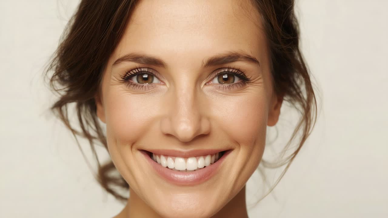 Starting camera recording, woman turning head and smiling in studio, for portrait session