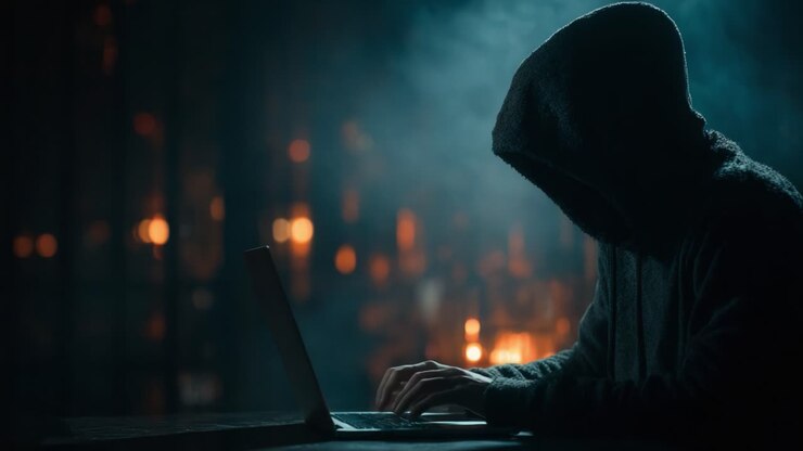 En mystisk skikkelse i en hættetrøje er involveret i hemmelig aktivitet på en bærbar computer i et mørkt og røgfyldt miljø oplyst af svagt glødende lys
