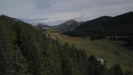 Drone-flying-over-coniferous-forest,-Plateau-des-Glières-in-Haute-Savoie,-France