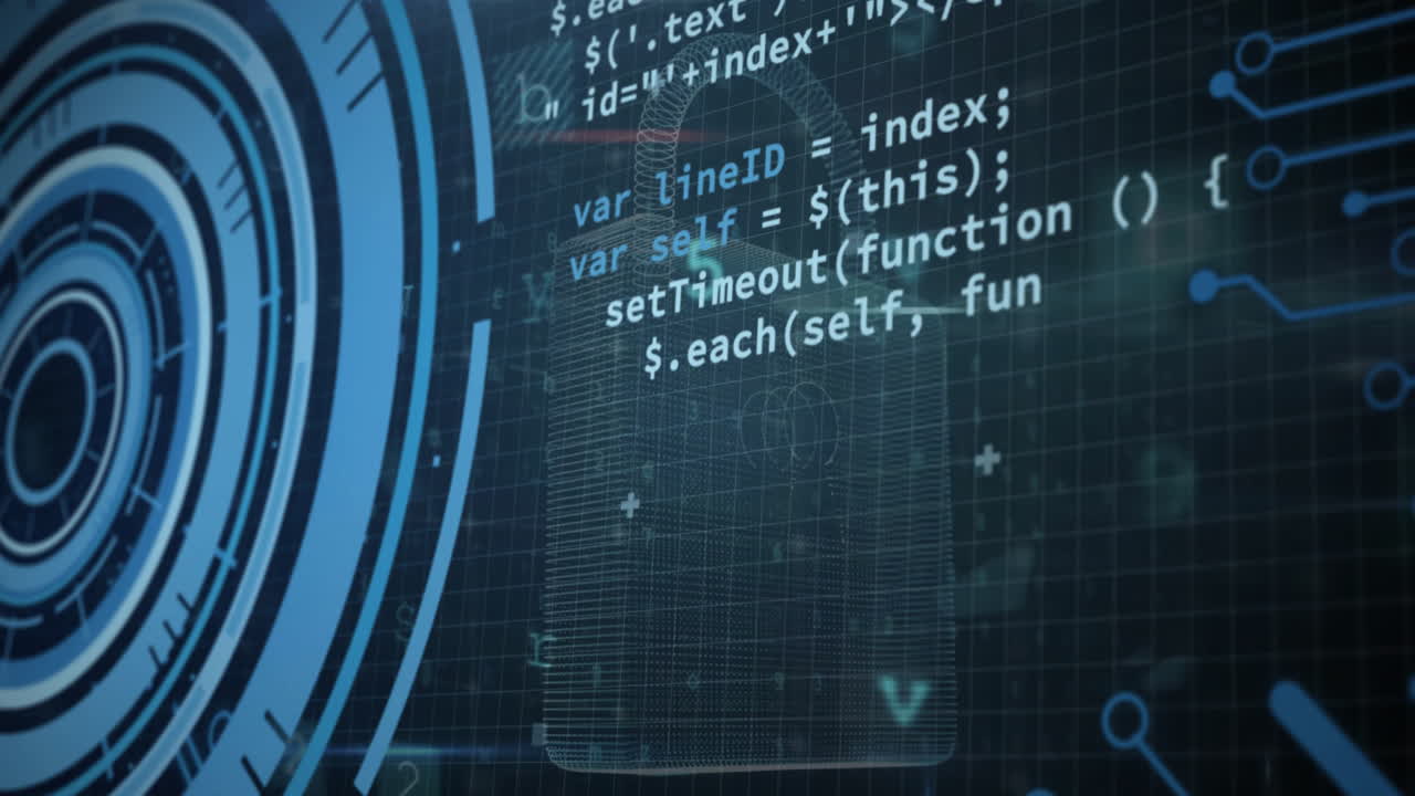 Animation of loading circles, computer language over padlock, letters, symbols, texts and numbers