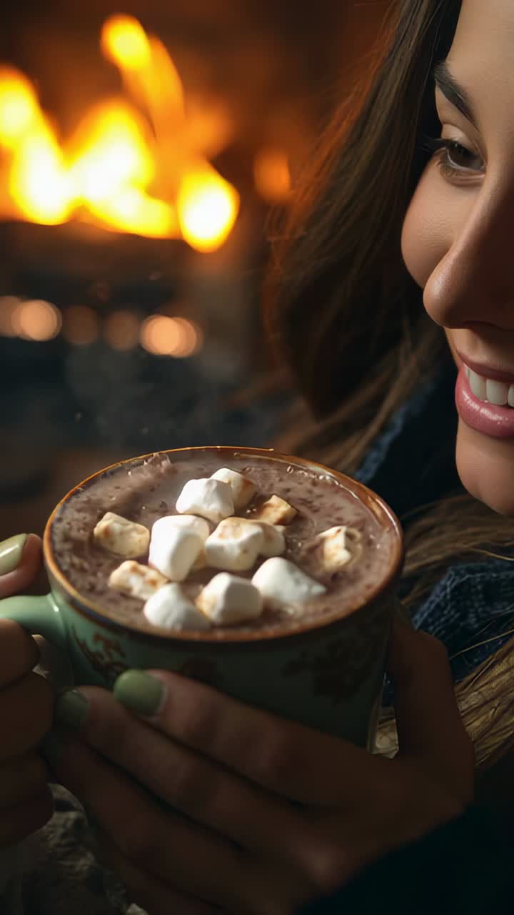 Vertical video: Framing woman holding marshmallow-topped hot cocoa mug by fireplace, inhaling aroma