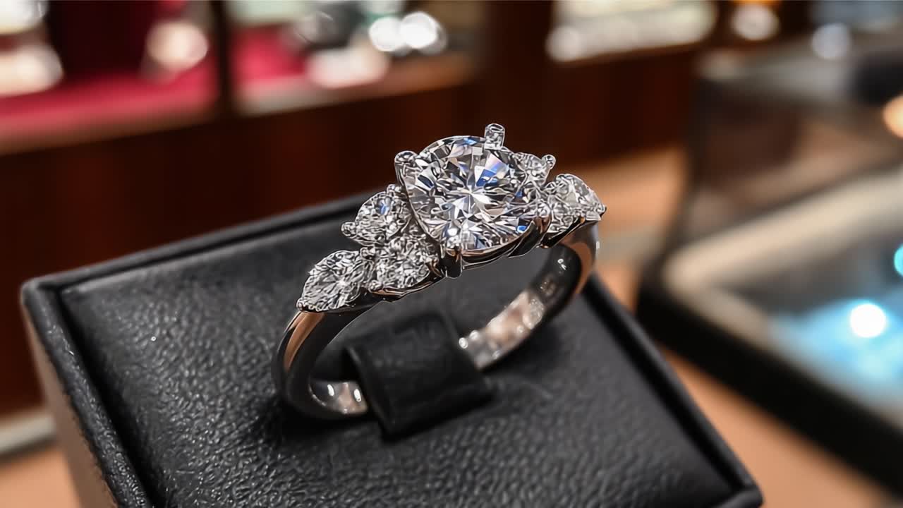 Squisito Anello di Fidanzamento con Diamante Esposto Elegantemente, Che Mostra il Suo Taglio Brillante e il Design Sbalorditivo con Accenti Scintillanti Circostanti e un'Ambientazione Lussuosa per un Romanticismo Senza Tempo