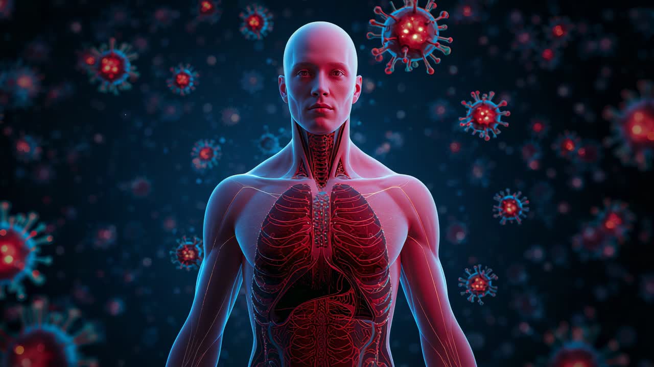 On start, anatomical model turning head and torso in medical scene, showing lungs, drifting viruses