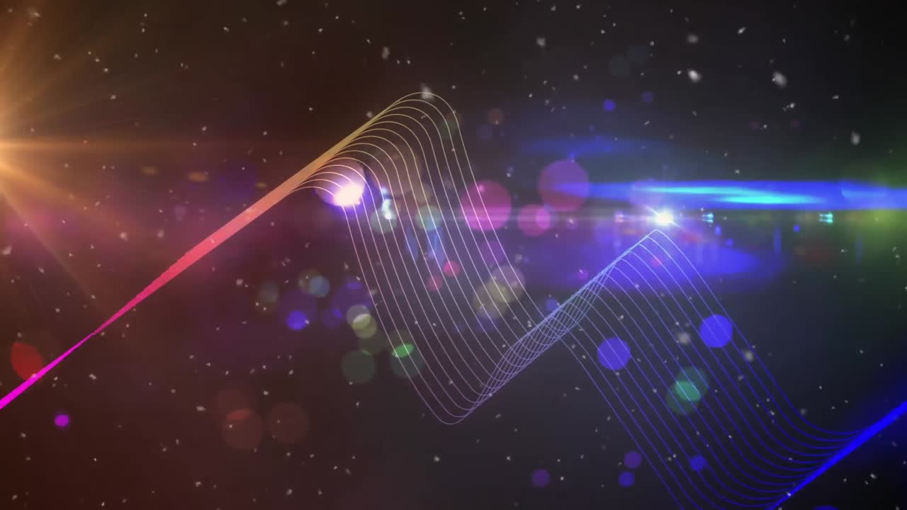 Animation of colourful bending parallel lines moving with coloured spots of light, on black