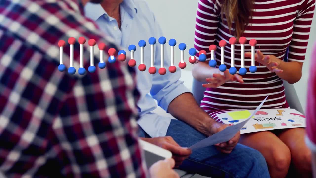 animación de cadena de adn giratoria sobre piezas de rompecabezas coloridas y cinta sobre amigos felices