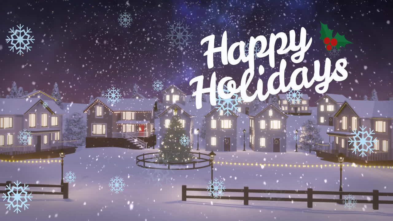 Happy Holidays text animation over snowy village with festive lights and snowflakes