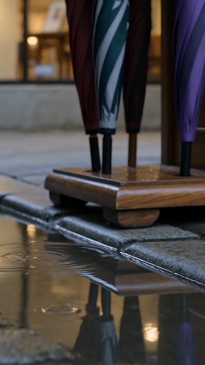 Vertical video: Falling droplet from tip making ripples by closed umbrellas at doorway