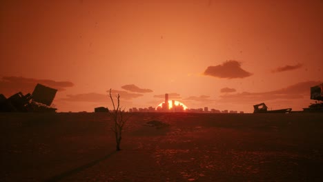 post-apocalyptic sunset over a ruined city