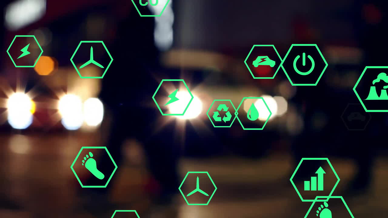 초록색 아이콘의 애니메이션과 데이터 처리가 초점 밖의 도시 조명