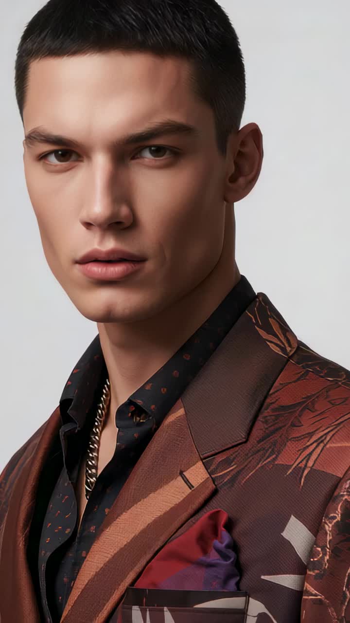 Vertical video: Clicking camera cueing male model turning in studio, patterned jacket, gold chain
