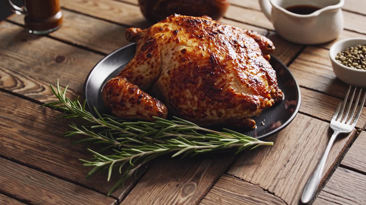 Ripresa video dall'alto in stile rustico di un pollo arrosto su un tavolo di legno, guarnito con rosmarino.