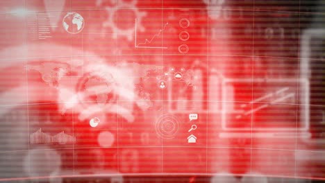 animación de datos y mapa del mundo en fondo rojo