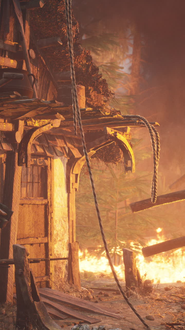 밤에 불타는 나무 집