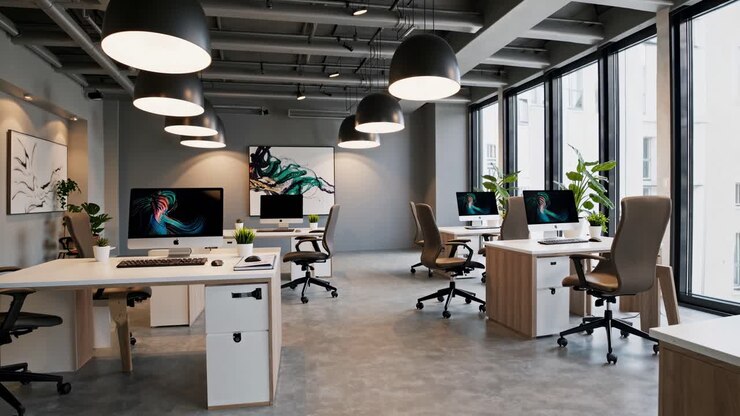 Ufficio moderno open space con scrivanie eleganti e computer, ripreso con un grandangolo.