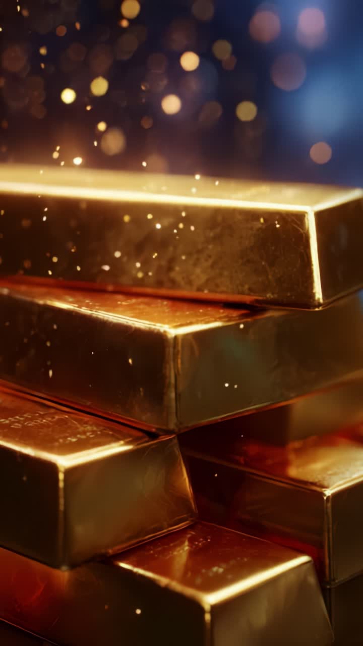 Lingotti d'oro scintillanti, impilati con eleganza, con bagliori luccicanti e uno sfondo da sogno, che catturano l'essenza della ricchezza e del lusso in ogni immagine