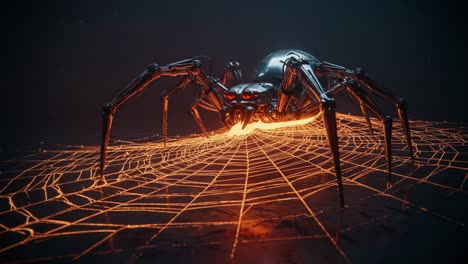 futuristic robotic spider constructing an intricate web with fiery patterns, merging organic and synthetic elements in a dark environment
