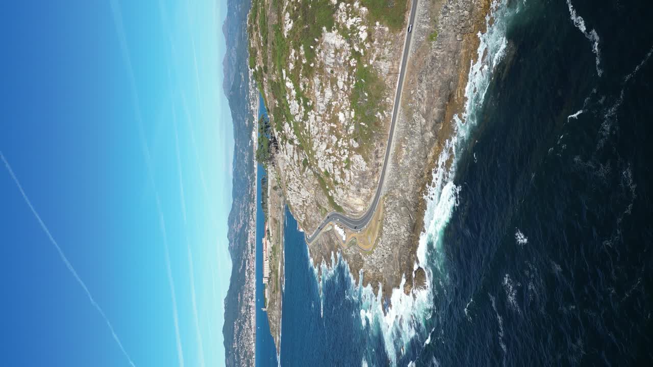 Vertical video from waterfront road by the Atlantic Ocean, Galicia Coastline, Baiona