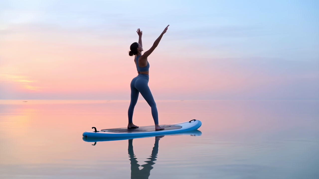 Woman On Paddle Board At Sunrise Practicing Flowing Yoga Poses On Mirrorflat Sea, Pastel Sky And Soft Light