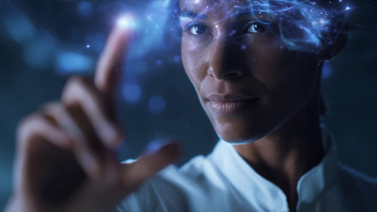 A visionary scientist manipulating digital data with a focused expression, showcasing the intersection of technology and human potential in an immersive environment