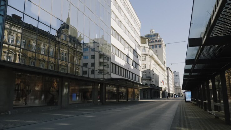 Empty City Street with Modern and Historical Buildings