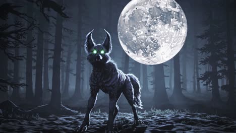 a glowing-eyed werewolf in a mysterious forest at night