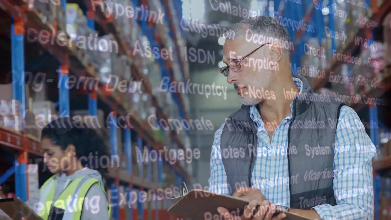 Animation of keywords over male and female warehouse workers