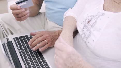 senior couple using laptop and holding credit card