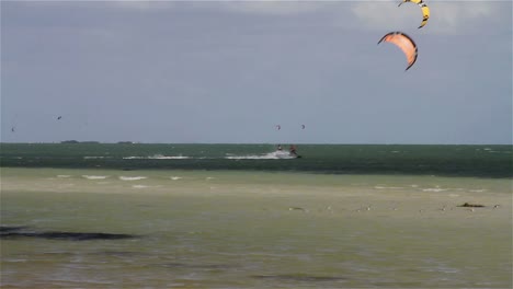 la gente participa en el rápido kiteboarding deportivo a lo largo de una costa soleada