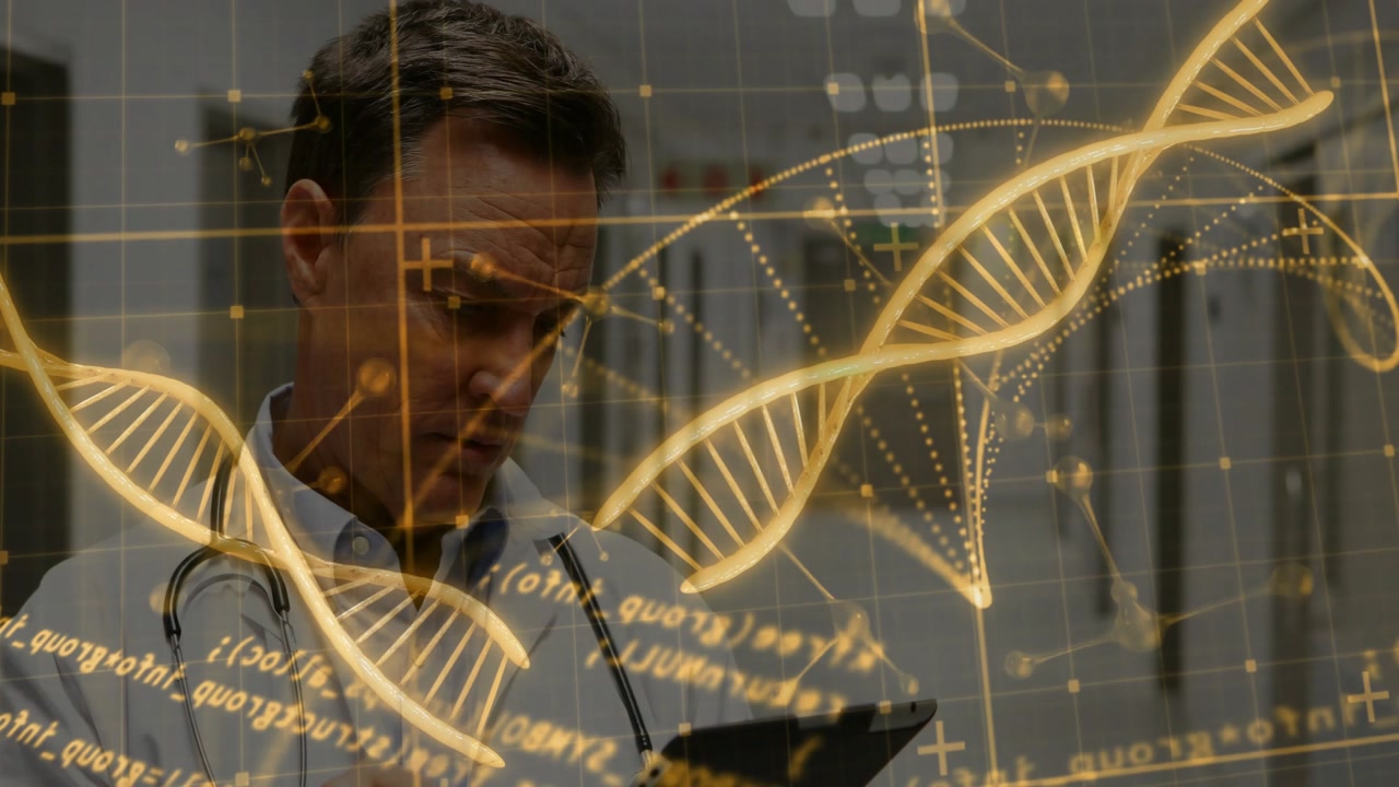 Doctor tapping tablet and swiping, DNA helix arcing over screen during genomic analysis for testing