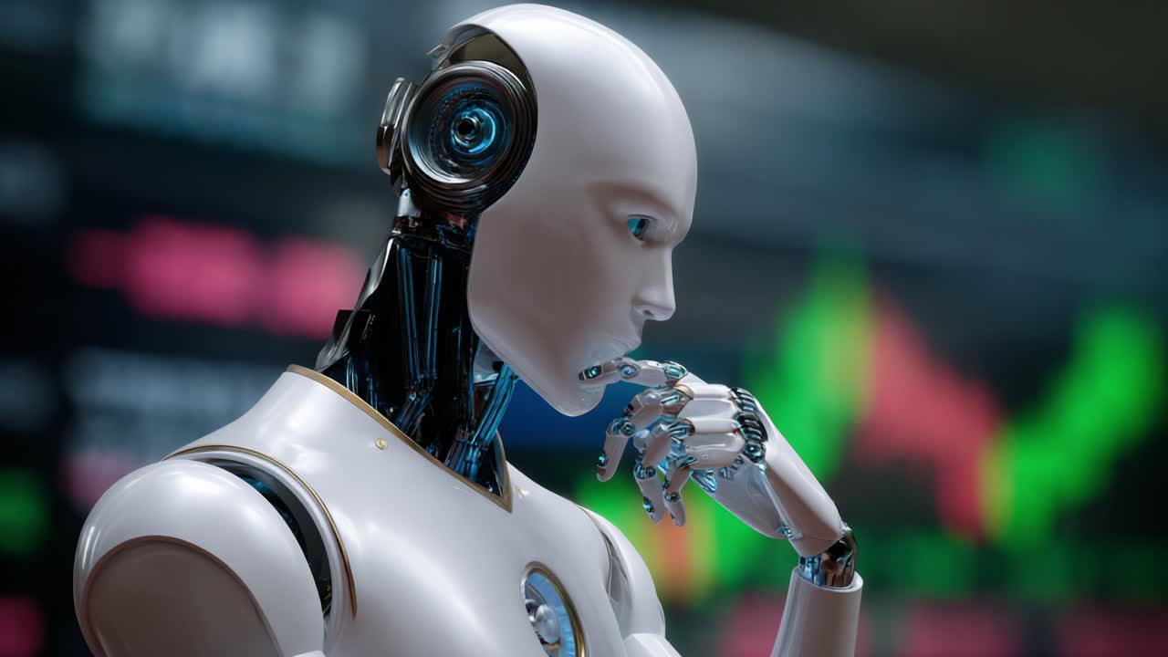 A Thoughtful Robot Analyzing Data Trends, Delving into Complex Analysis, Reflecting on Financial Insights and Stock Market Dynamics with a Contemplative Gesture in a High-Tech Environment
