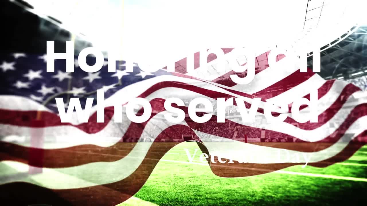 Animation of veteran's day text over sports stadium and american flag