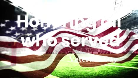 Animation-of-veteran's-day-text-over-sports-stadium-and-american-flag