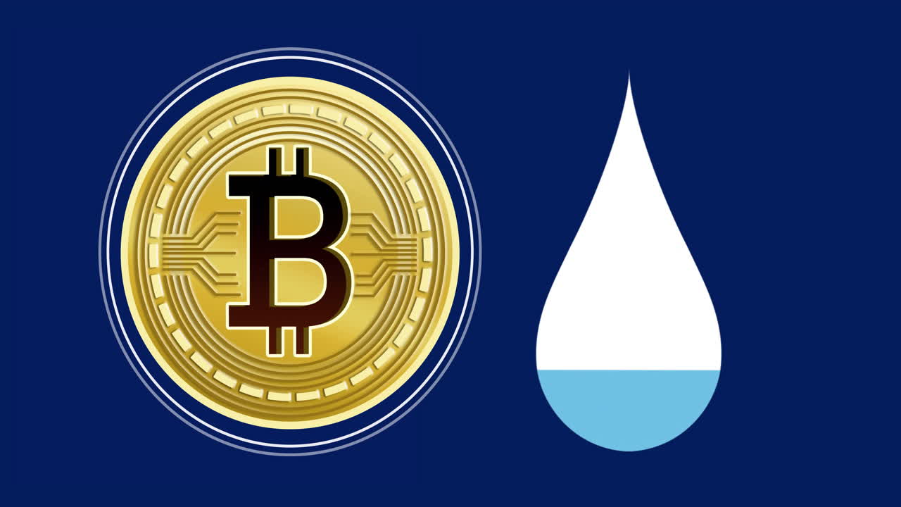 símbolo de bitcoin y animación de gotas de agua en fondo azul