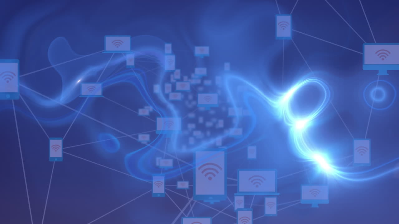 파란색 연기 위의 아이콘으로 연결 네트워크의 애니메이션