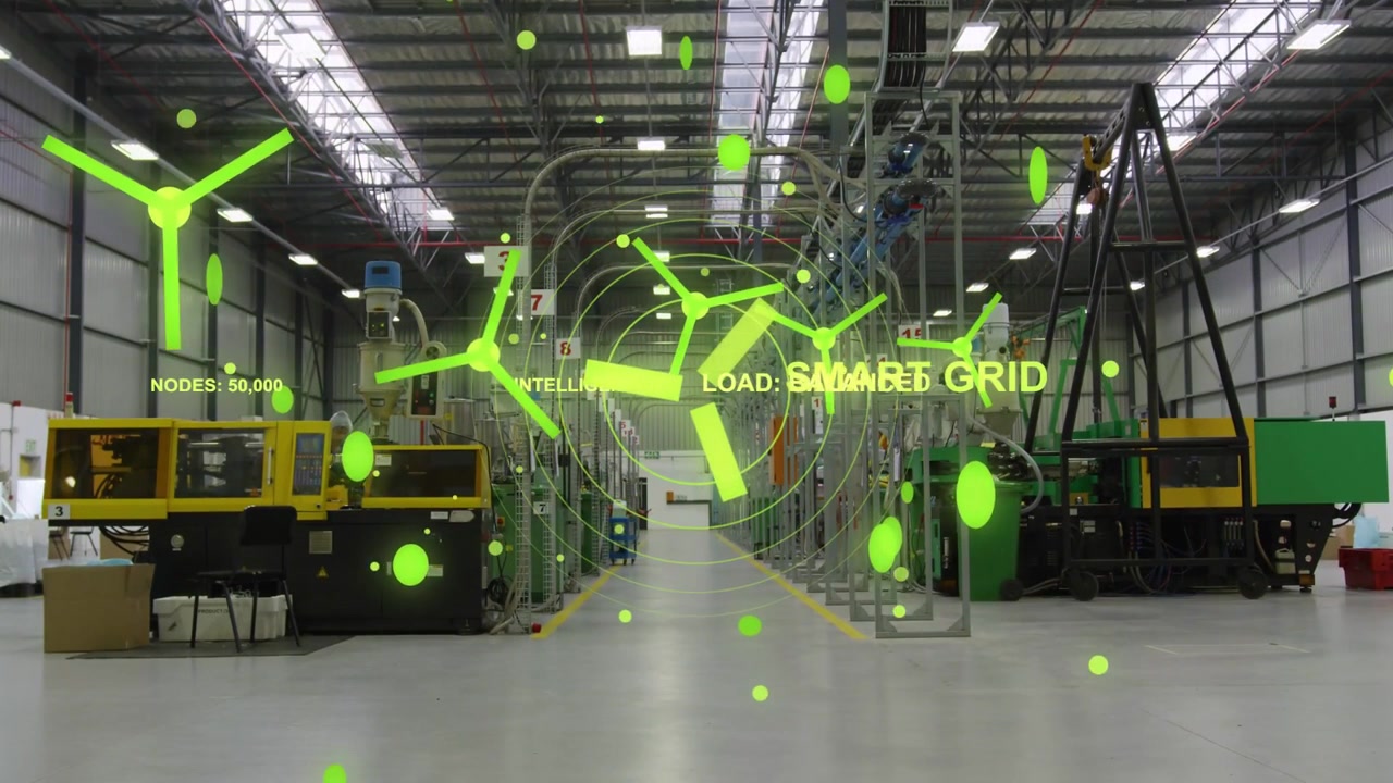 Worker walking aisle while smart grid feed spawning green turbines and nodes overlaying aisle