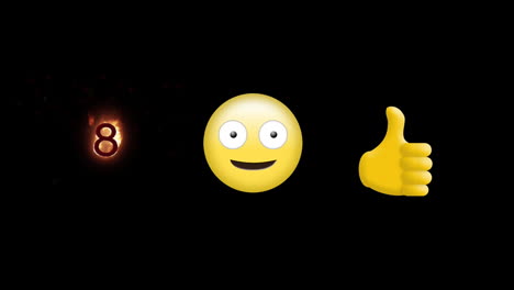 silly face emoji, thumbs up and number eight on fire icon against black background