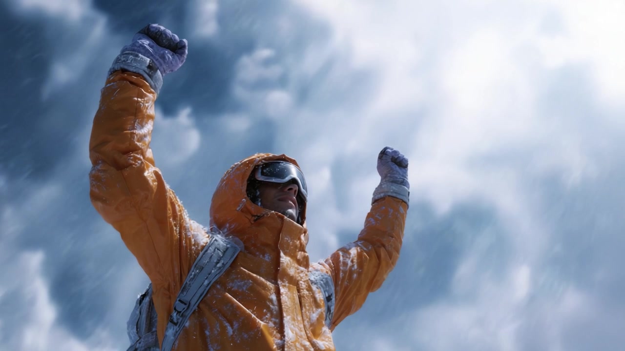 Un alpinista trionfante con una giacca arancione celebra la vittoria su uno sfondo di nuvole vorticose e neve che cade, incarnando lo spirito di avventura e resilienza.