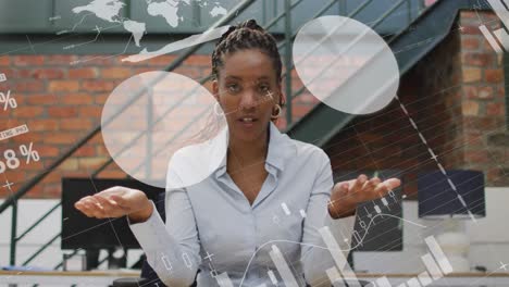 animation of data processing over african american businesswoman in office