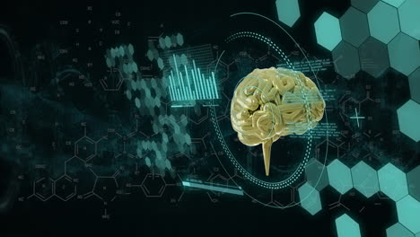 animation of human brain and digital data processing over black background