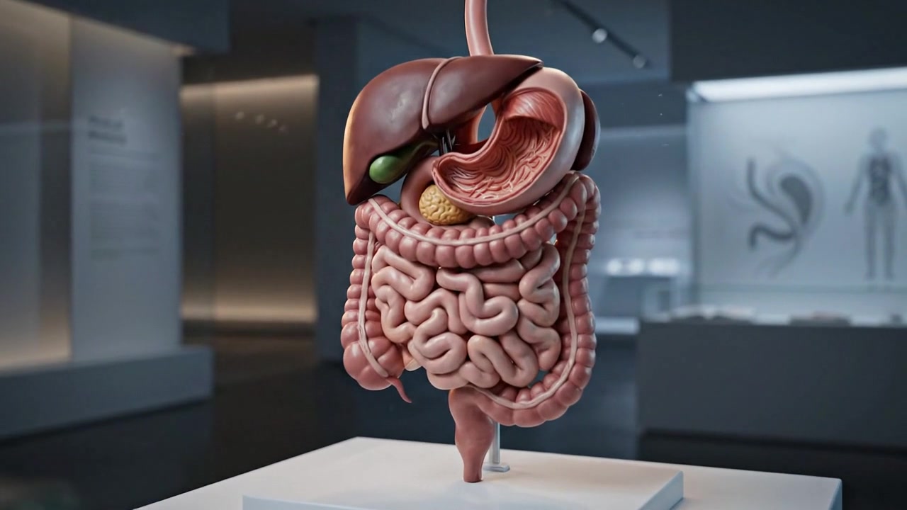 Detailed stomach and intestinal anatomy model displayed upright on modern pedestal