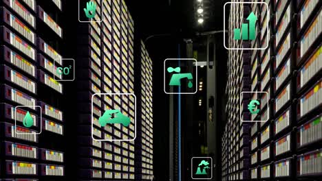 animación de iconos de tecnología verde que se mueven sobre la sala del servidor de datos