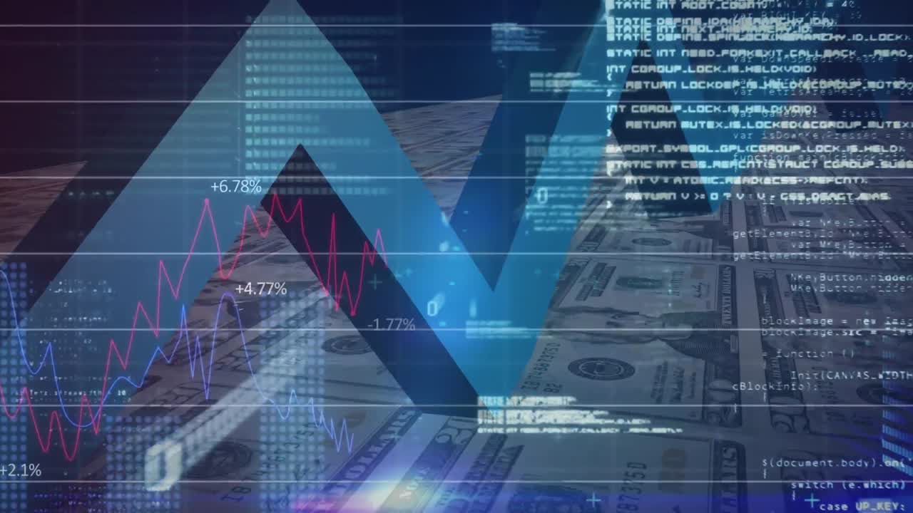 animazione di una visualizzazione del mercato azionario, statistiche che mostrano oltre le banconote in dollari americani.