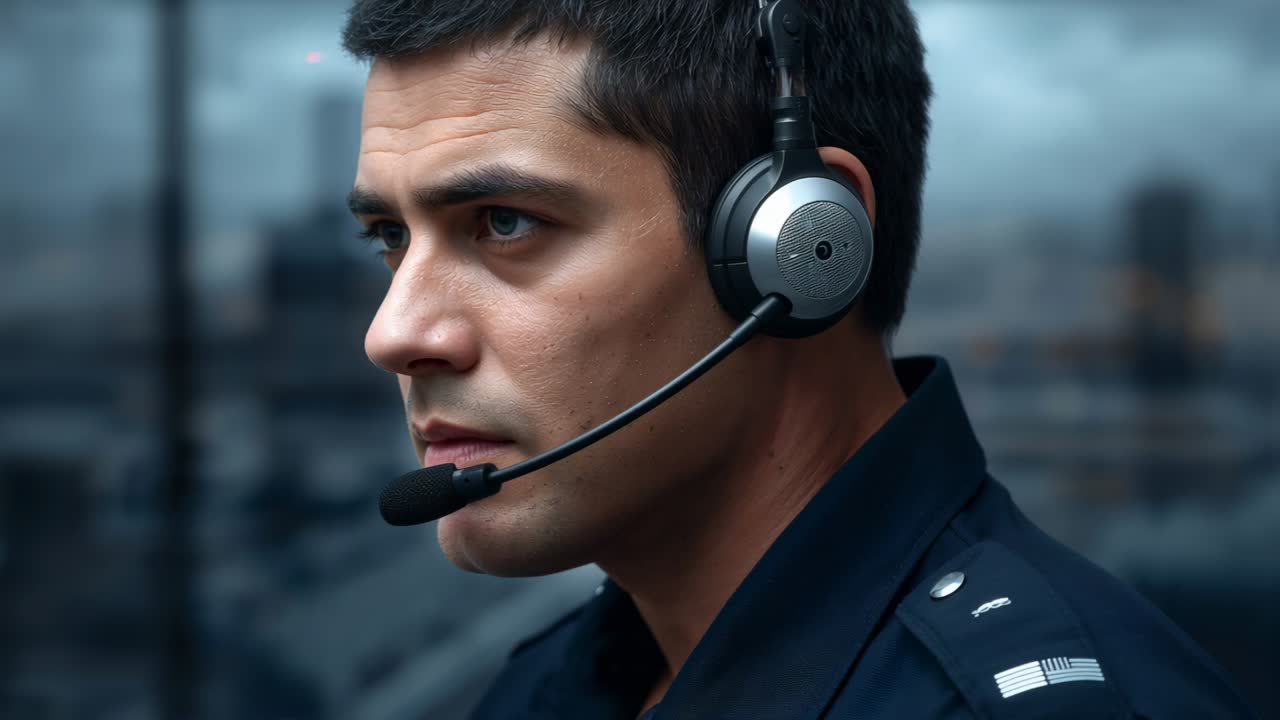 Receiving call, uniformed man wearing headset and badge listening, replying at dispatch, copy space