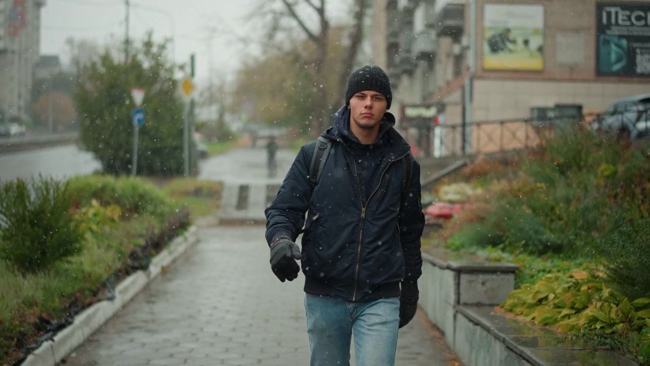 Man walking down snowy city sidewalk wearing winter clothing including jacket beanie and gloves. Snow falls steadily as man moves through urban environment with buildings street signs