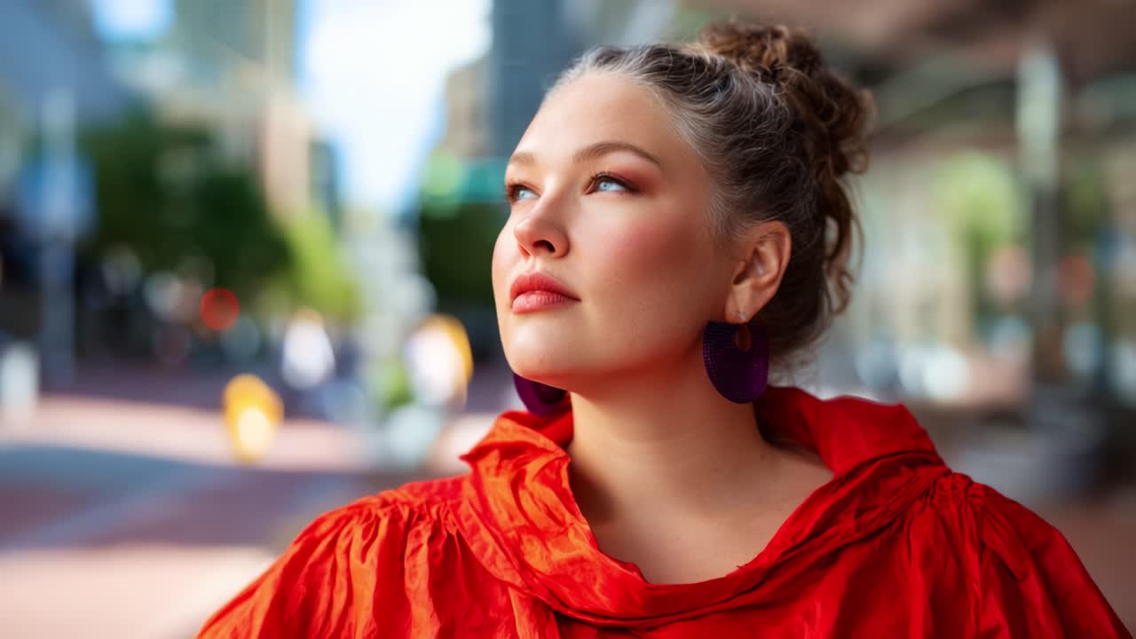 A captivating young woman in a vibrant red outfit gazing thoughtfully into the distance against an urban backdrop, radiating confidence and beauty
