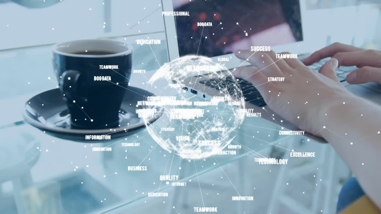 노트북을 사용하는 백인 여성에 대한 연결 네트워크와 지구상의 애니메이션