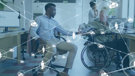 animation of network of connections over disabled african american man with diverse business people