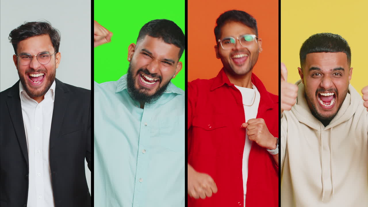 Collage of smiling happy people indian arabian men celebrating success victory game win good news