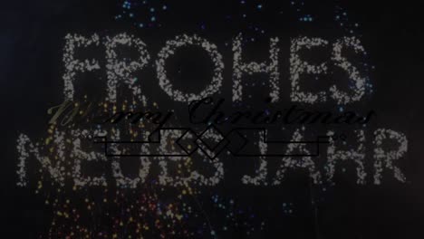 animation of christmas and new year's greetings text over fireworks exploding