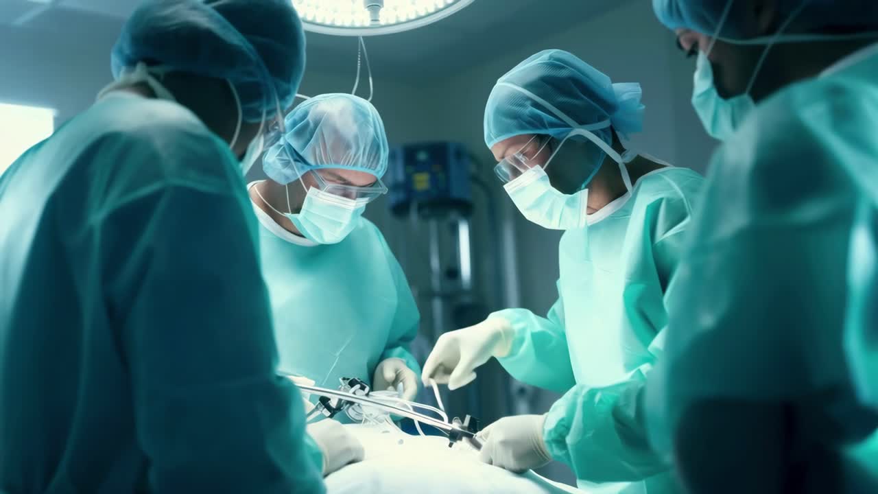 A high-angle video captures surgeons in an operating room, focused and collaborative, wearing scrubs